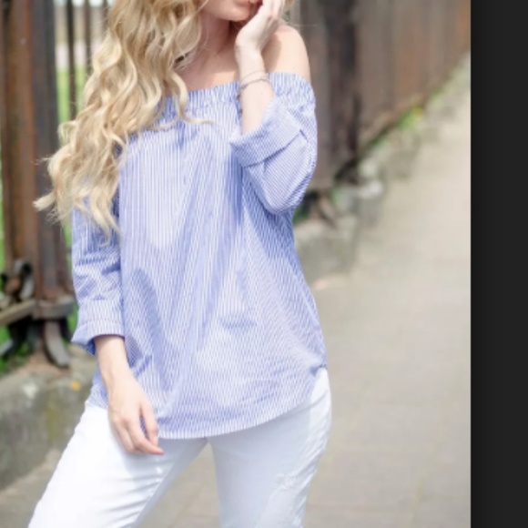 Zara Blue White Stripe Off Shoulder Top - Picture 2 of 7